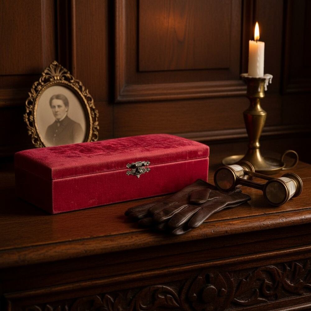 Antique Victorian Red Velvet Glove Box-Silk Lined-Jewelry Casket-Vanity Box-Case